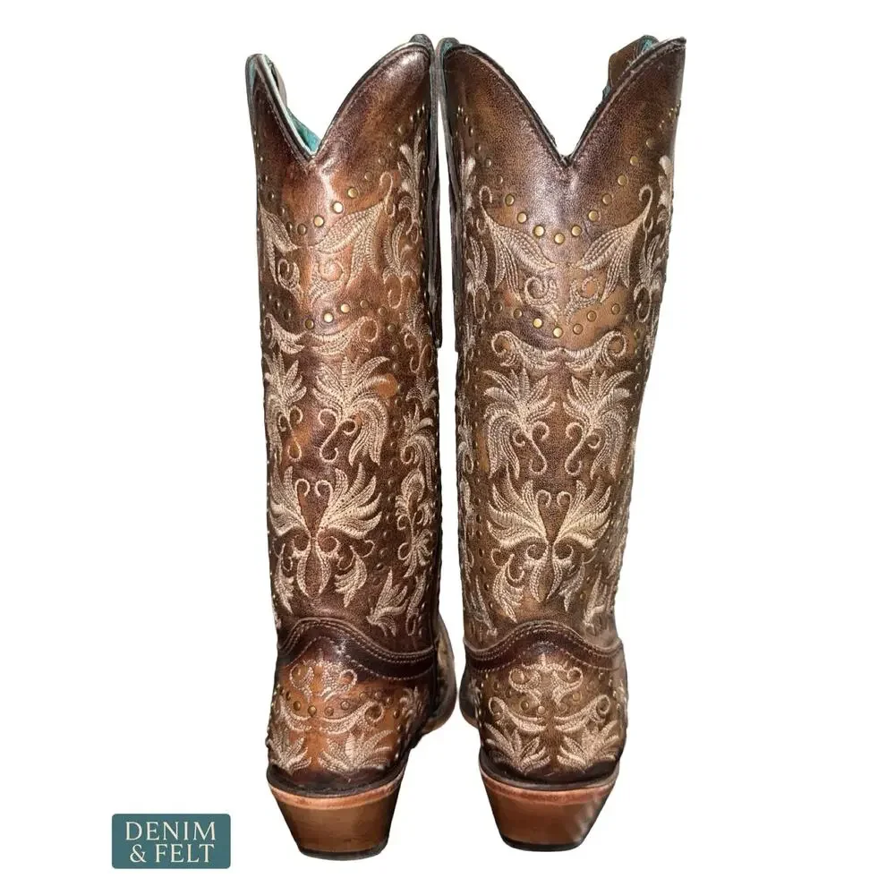 NEW Corral Maple Brown Embroidery Stud Snip‎ Toe Western Boots Size 6M Cowgirl
